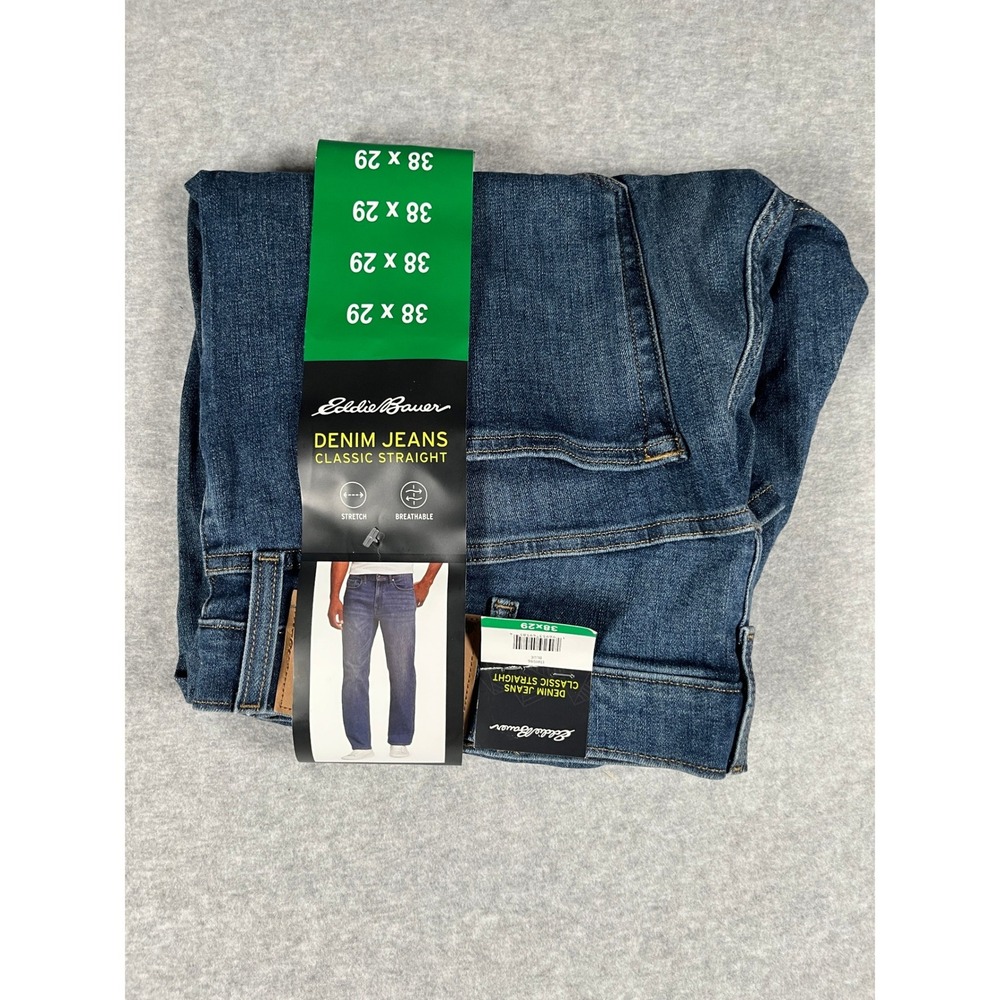 NWT Eddie Bauer Jeans Men 38x29 Blue Classic Straight Stretch Dark Wash Denim